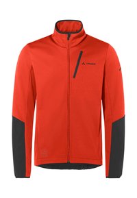Giacca softshell rossa con dettagli neri, colletto alto, zip frontale completa e tasca sul petto con zip. Caratterizzata da una trama liscia e un design sportivo.