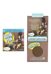 Emballage de poudre pour sourcils dans une palette de couleurs bleu, marron et jaune ; présente un compact rond avec une teinte de poudre à sourcils marron.