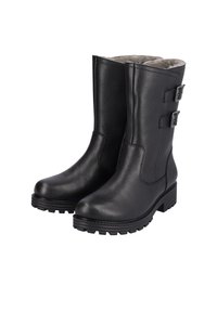 Bottes noires en cuir avec une texture, dotées de deux sangles à boucle réglables sur le côté et d'une semelle en caoutchouc épaisse pour une meilleure adhérence.