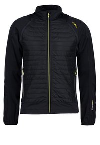 Sort atletisk jakke med quiltet front, lynlåslommer og kontrasterende gul lynlås. Har tætsiddende ærmer og høj hals.