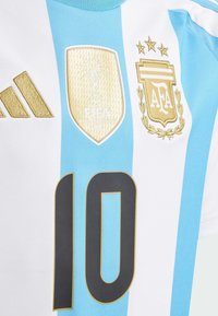 Camisa de la selección nacional de Argentina con franjas horizontales en azul y blanco, número 10 en negro, insignia dorada del FIFA 2022 y logotipo de la AFA bordado en dorado.