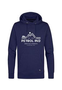 Felpa blu navy con tasca a marsupio frontale, cappuccio regolabile con coulisse e stampa grafica bianca che raffigura montagne e testo.