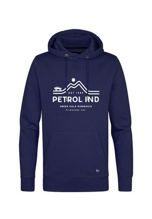 Hanorac bleumarin cu buzunar frontal tip kangaroo, glugă cu șnur reglabil și imprimeu grafic alb cu munți și text.