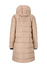 Beige puffjakke med hætte, der har vandret syninger, lange ærmer og elastiske manchetter. Glat, skinnende stof med en mellemlang skæring.