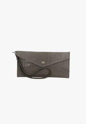 Pochette bracelet en cuir synthétique gris effet crocodile avec rabat enveloppe et fermeture à bouton-pression argenté.