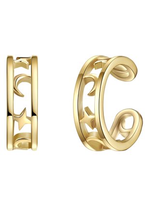 Guld hoop øreringe med udskåret stjerne- og halvmånedesign, 3D buet form, poleret finish og glat tekstur.