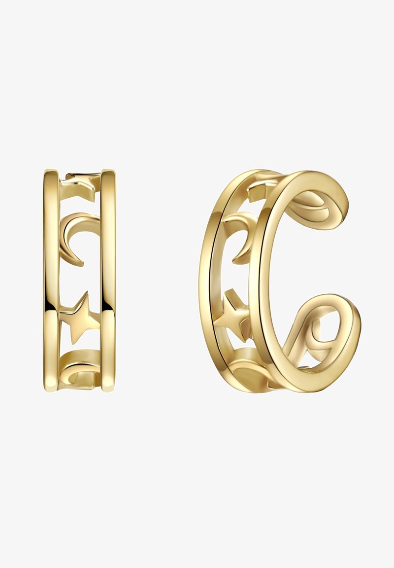 Boucles d'oreilles en or en forme d'anneau avec un motif découpé d'étoile et de croissant de lune, forme courbée en 3D, finition polie et texture lisse.