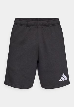 Schwarze Sportshorts mit einem elastischen Bund, gefertigt aus glattem Stoff. Am unteren linken Rand befindet sich ein weißes Logo mit drei Streifen.