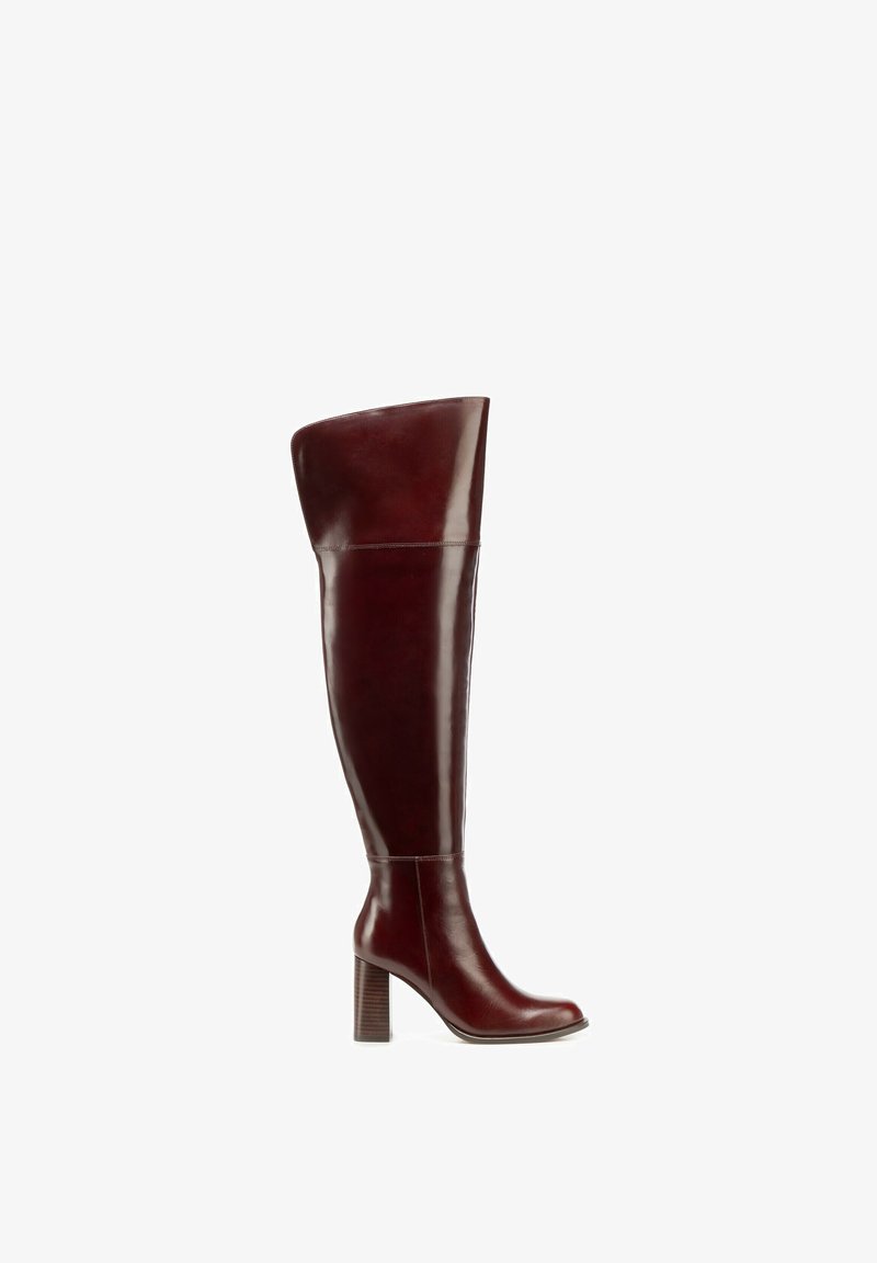 Botte haute en cuir brun foncé avec talon épais en bloc et bout arrondi, vue de côté.