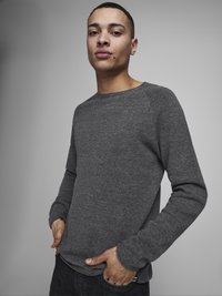 Grå strikket langermet skjorte med rund hals og ribbestrikkede mansjetter, parret med mørke jeans, vist i en frontal vinkel mot en nøytral bakgrunn.