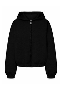 Felpa nera con zip, dotata di un ampio cappuccio, polsini elasticizzati e design cropped. Il tessuto appare morbido con una texture liscia.