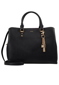 Borsa nera realizzata in materiale sintetico testurizzato, con accessori dorati, doppi manici e una tracolla rimovibile con nappine decorative.