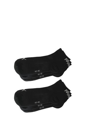 Black sports socks displayed in a pair, featuring ribbed cuffs, size markings (43-46), and a logo on the side. Smooth texture, ankle length.