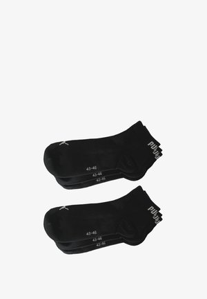 Black sports socks displayed in a pair, featuring ribbed cuffs, size markings (43-46), and a logo on the side. Smooth texture, ankle length.
