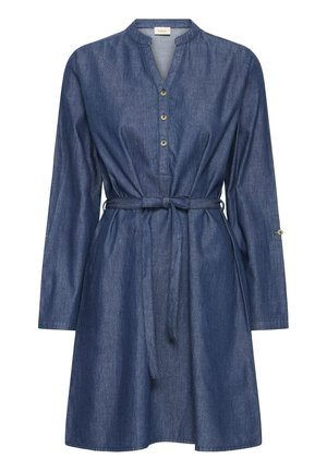 Denim sinine pika varrukaga kleit eest nuppudega, vöödiga taljes ja mandariini kraega.