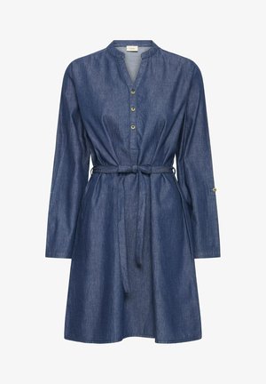 Denim sinine pika varrukaga kleit eest nuppudega, vöödiga taljes ja mandariini kraega.