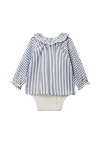 Bodysuit rayé bleu et blanc avec un col volants et des manches élastiquées, présentant un bas blanc uni. Matière en coton doux.