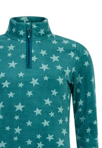 Pull en polaire bleu sarcelle avec motif d'étoiles blanches, col montant et courte fermeture éclair devant.
