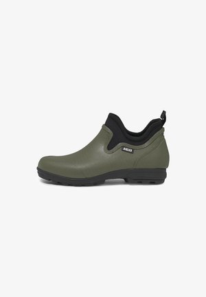 Green rubber ankle boots with a textured black neoprene upper. Features a pull tab, a reinforced toe, and a sturdy black sole.