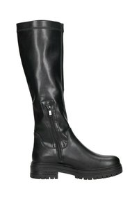 Zwarte leren kniehoog laars met een ronde neus en een stevige zool. Beschikt over een rits aan de zijkant en een gladde, glanzende textuur.