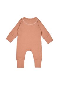 Light pink ribbed baby romper with long sleeves, round neckline, and footed design. Features a snap closure at the bottom for easy dressing.