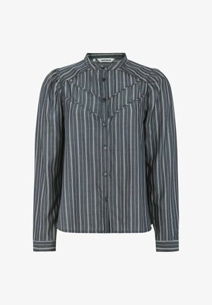 Gestreifte Knopfdown-Hemd in Dunkelgrau mit dünnen weißen Linien, ausgestattet mit einem Stehkragen, gefältelten Schultern und einem geraden Saum.