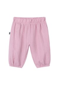 Pantalons rose clair, légèrement ajustés, avec une taille élastique et des poignets froncés, fabriqués en tissu de coton texturé. Sans motifs ni accents.