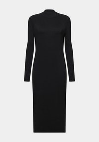 Robe noire à manches longues côtelée avec un col montant, silhouette ajustée et coupe au genou. Texture lisse, design minimaliste, sans motifs visibles.
