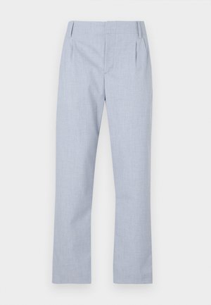 Jasnoniebieskie dopasowane spodnie z gładkiego materiału, proste nogawki oraz dwie przednie kieszenie. Posiadają subtelne zaszewki w pasie.