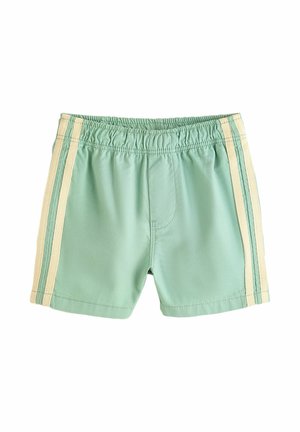 Hellgrüne Shorts mit elastischem Bund und zwei vertikalen beigen Streifen auf jeder Seite, flach auf weißem Hintergrund liegend.