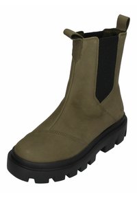 Olijfgroene enkelboot gemaakt van soepel leer, met elastische zijpanelen, een ronde neus en een stevige zwarte rubberen zool met profiel.