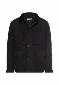 Schwarze Wollmischung-Jacke mit Zip- und Druckknopfverschluss, zwei Brusttaschen, zwei Fronttaschen und einem Cordkragen.