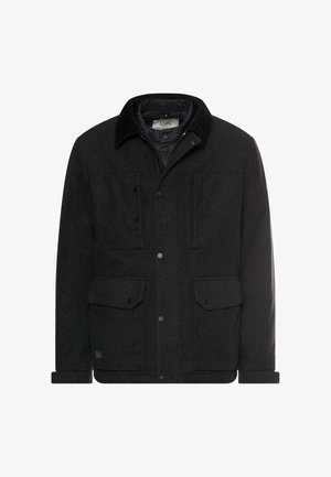 Schwarze Wollmischung-Jacke mit Zip- und Druckknopfverschluss, zwei Brusttaschen, zwei Fronttaschen und einem Cordkragen.