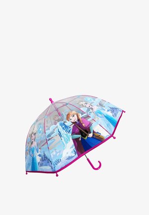 Clear umbrella with a pink border and hook handle. Features printed characters from Frozen, including Anna and Elsa, with icy background details.