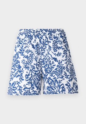Tištěné šortky z bílé látky s modrým korálovým vzorem. Elastický pas, volný střih a hladká textura.