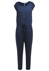 Combinaison sans manches bleu marine avec encolure ronde, taille à cordon et jambes fuselées.