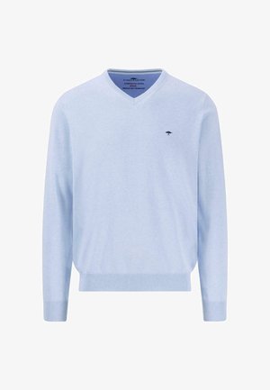 Gaiši zils kokvilnas v-veida kakla džemperis ar garajām piedurknēm. Iespējota ribota apakšmala un piedurknes, ar mazu tumšu logotipu kreisajā krūšu pusē.