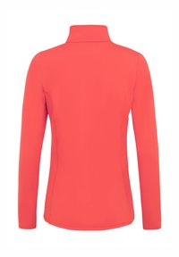 Top a maniche lunghe di colore corallo con colletto alto, texture liscia e design aderente. Presenta cuciture lungo i lati per accentuare la forma.
