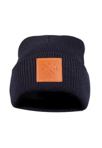Navy knit beanie with a rolled cuff featuring a square tan leather patch with embossed design and stitched detailing.