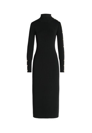 Black knit dress with a high turtleneck, long sleeves, slim fit, and gold button accents along one sleeve. Mid-calf length.