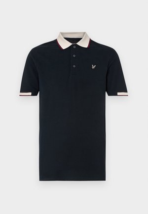 Tricou polo bleumarin cu guler contrastant de crem și vin, deschidere cu trei butoane și logo brodat pe piept; mâneci scurte.