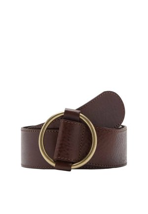 Cintura in pelle marrone con finitura testurizzata, caratterizzata da una grande fibbia circolare in ottone e un design semplice. La larghezza è costante per tutta la lunghezza.