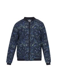Marine bomberjack met een gespikkeld patroon in wit, blauw en groen. Voorzien van een rits, geribbelde manchetten en tailleband.
