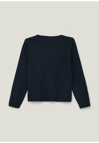 Marineblauer Pullover, lange Ärmel, Rundhalsausschnitt, Stricktextur, keine sichtbaren Muster oder Akzente, gerader Saum, einfaches und unverziertes Design.