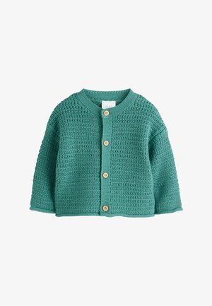 Cárdigan de punto en color teal, con cuello redondo, mangas largas, botones de madera y patrón texturizado en la tela.