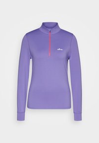 Lila Langarmshirt mit Reißverschluss-Hals, ausgestattet mit einem pinken Reißverschluss und Logo. Hergestellt aus leichtem, glattem Stoff mit tailliertem Design.