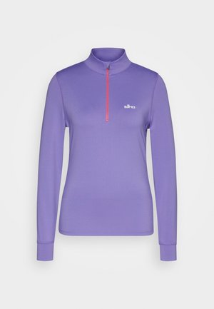 Paarse langekm shirt met een ritssluiting bij de hals, voorzien van een roze rits en logo. Gemaakt van lichtgewicht, soepel materiaal met een getailleerd ontwerp.