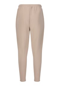 Beige, rekbare legging met een gladde textuur en een elastische tailleband. Het ontwerp heeft een aansluitende boorden bij de enkels.