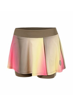 Beiger athletischer Skort mit integrierten Shorts, breitem Bund und dezentem rosa-gelbem Farbverlauf auf der Vorderseite rechts.