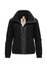 Schwarze Fleecejacke mit einem glatten Reißverschluss vorne, hohem Kragen und kontrastierenden schwarzen Seitenpaneelen. Verfügt über ein Etikett mit grafischem Design innen.